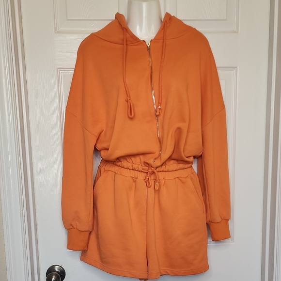 Tresor Cache Pants - Tresor Cache Boutique Orange Hooded Zip-Up Longsleeve Romper Shorts